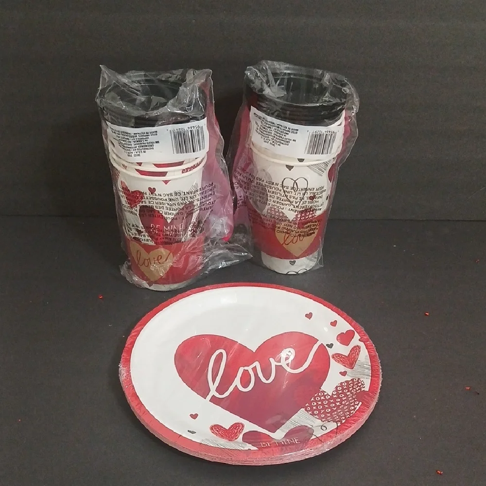 Valentines Hearts Love Design Party 18 Plates and 10 Cups Set NEW